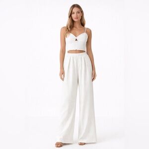 Sienna Sky White Pinstripe Linen Blend  2Pcs Smocked Crop Top Wide Leg Pants